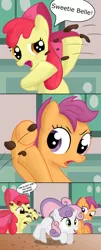 Size: 1000x2468 | Tagged: safe, artist:honeysmother, derpibooru import, apple bloom, scootaloo, sweetie belle, earth pony, pegasus, pony, unicorn, comic, cutie mark crusaders, female, filly, poop, pooping, raised tail, scat, sweetiepoo, tail