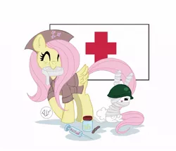 Size: 700x603 | Tagged: angel bunny, artist:greenwiggly, bandage, clothes, cutie mark, derpibooru import, female, fluttershy, hat, helmet, medical tools, nurse outfit, red cross, safe, simple background, uniform, wings