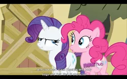 Size: 768x480 | Tagged: safe, derpibooru import, screencap, pinkie pie, rarity, putting your hoof down, hub logo, youtube caption