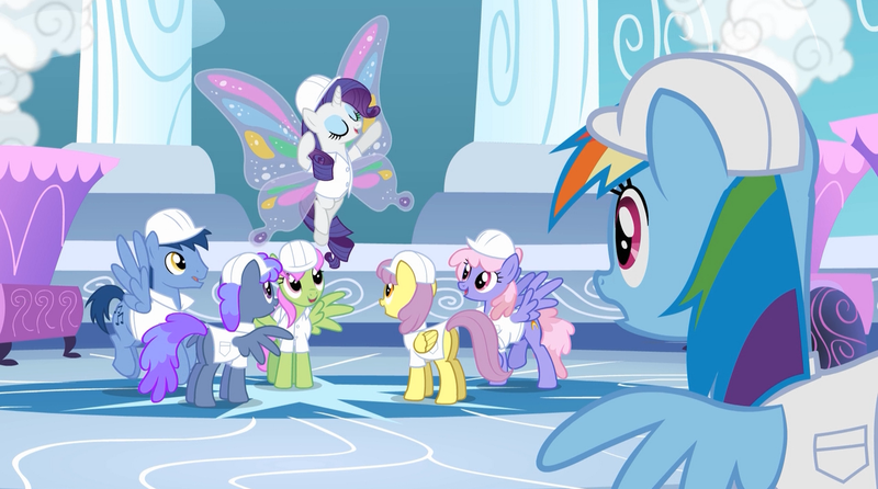 Size: 1280x713 | Tagged: safe, derpibooru import, screencap, blueberry punch, blues, merry may, noteworthy, parasol, peppermint crunch, rainbow dash, rainbowshine, rarity, pegasus, pony, unicorn, sonic rainboom (episode), background pony, female, hard hat, mare, weather factory uniform