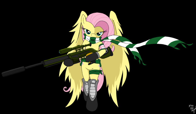 Size: 2888x1683 | Tagged: safe, artist:amostheartman, derpibooru import, fluttershy, pegasus, pony, black background, clothes, female, gun, hooves, looking at you, mare, optical sight, rifle, scarf, signature, simple background, sniper, sniper rifle, snipershy, solo, weapon, wings