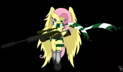 Size: 2888x1683 | Tagged: safe, artist:amostheartman, derpibooru import, fluttershy, pegasus, pony, black background, clothes, female, gun, hooves, looking at you, mare, optical sight, rifle, scarf, signature, simple background, sniper, sniper rifle, snipershy, solo, weapon, wings