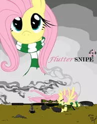 Size: 2200x2823 | Tagged: safe, artist:amostheartman, derpibooru import, fluttershy, pegasus, pony, clothes, female, gun, high res, hooves, lying down, mare, optical sight, rifle, rock, scarf, signature, smoke, sniper, sniper rifle, snipershy, solo, spread wings, text, weapon, wings