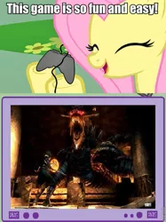 Size: 563x752 | Tagged: safe, derpibooru import, fluttershy, pony, demon's souls, exploitable meme, fs doesn't know what she's getting into, gamershy, meme, tv meme