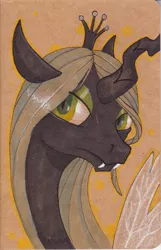 Size: 1059x1647 | Tagged: safe, artist:sabrekitty, derpibooru import, queen chrysalis, changeling, changeling queen, bust, fangs, female, image, lidded eyes, looking at you, png, portrait, slit eyes, solo, traditional art, wings