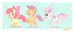 Size: 1558x694 | Tagged: apple bloom, artist:artsy-fartsie, cutie mark crusaders, derpibooru import, safe, scootaloo, singing, sweetie belle