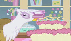 Size: 483x281 | Tagged: safe, derpibooru import, screencap, gilda, gryphon, griffon the brush off, animated, birthday cake, cake, candle, cute, food, gildadorable, smiling, solo, tried, when she smiles