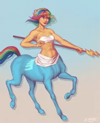 Size: 500x616 | Tagged: artist:emmyc, bandeau, belly button, centaur, centaurdash, derpibooru import, rainbow dash, safe, spear