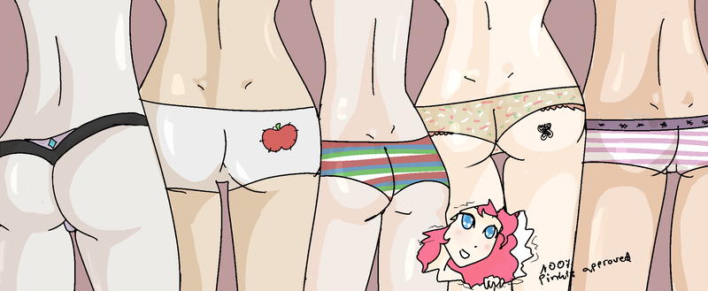 Size: 2200x904 | Tagged: applejack, apple print underwear, artist:desuderp, ass, clothes, derpibooru import, flutterbutt, fluttershy, human, humanized, mane six, panties, pinkie pie, plotline, questionable, rainbow dash, rarity, rearity, striped underwear, thong, twilight sparkle, underwear