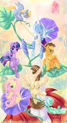 Size: 888x1613 | Tagged: safe, artist:tzulin520, derpibooru import, applejack, derpy hooves, fluttershy, lyra heartstrings, pinkie pie, trixie, twilight sparkle, wild fire, oc, oc:fausticorn, ponified, pegasus, pony, female, flower, happy, lauren faust, mare, micro, sibsy, surreal