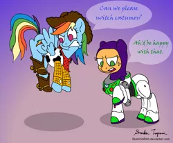 Size: 900x743 | Tagged: safe, artist:sketchinetch, derpibooru import, applejack, rainbow dash, earth pony, pegasus, pony, buzz lightyear, clothes, costume, dialogue, duo, duo female, female, gradient background, mare, parody, rainbow dash always dresses in style, role reversal, toy story, woody