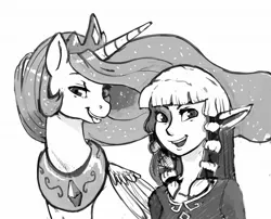 Size: 1280x1035 | Tagged: safe, artist:kevinsano, derpibooru import, princess celestia, crossover, grayscale, monochrome, princess zelda, sketch, the legend of zelda, the legend of zelda: skyward sword