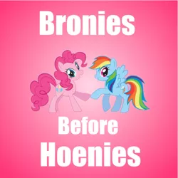 Size: 500x500 | Tagged: bronies before hoenies, bros before hoes, derpibooru import, duo, duo female, female, image macro, pink background, pinkie pie, rainbow dash, safe, simple background, stock images, wat