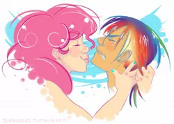 Size: 1200x861 | Tagged: suggestive, artist:glasmond, derpibooru import, pinkie pie, rainbow dash, female, humanized, imminent kissing, kissing, lesbian, pinkiedash, shipping