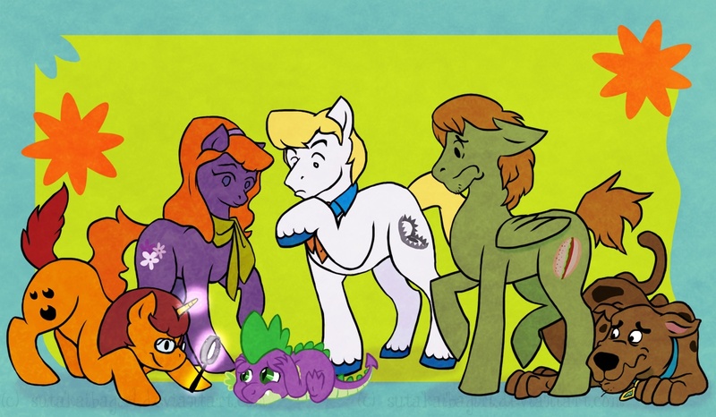 Size: 1200x699 | Tagged: safe, artist:justasuta, derpibooru import, spike, ponified, earth pony, pegasus, pony, unicorn, crossover, daphne blake, female, fred jones, magnifying glass, male, mare, raised hoof, scooby doo, shaggy rogers, stallion, velma dinkley