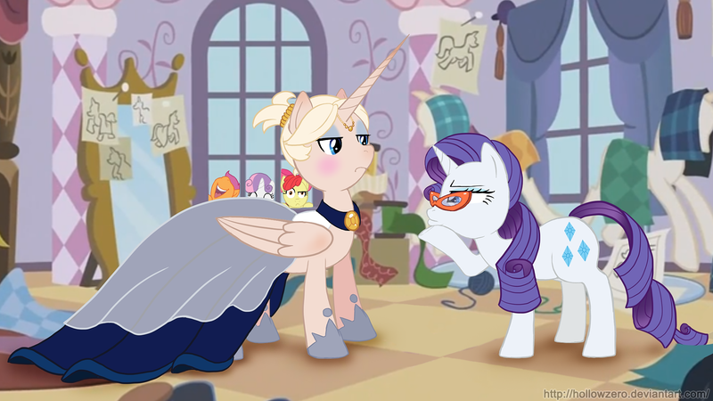 Size: 1920x1080 | Tagged: safe, artist:hollowzero, derpibooru import, apple bloom, rarity, scootaloo, sweetie belle, oc, oc:pearly gates, alicorn, pony, alicorn oc, bishie, clothes, crossdressing, cutie mark crusaders, dress, glasses, makeover, makeup, rarity's glasses