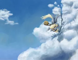 Size: 2100x1627 | Tagged: safe, artist:tidensbarn, derpibooru import, derpy hooves, pegasus, pony, bag, cloud, cloudy, female, flying, mare, sky, smiling, solo