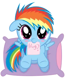 Size: 2000x2377 | Tagged: dead source, safe, artist:chubble-munch, derpibooru import, rainbow dash, cute, dashabetes, female, filly, filly rainbow dash, high res, hug, hug request, mouth hold, sign, simple background, solo, transparent background, vector, younger