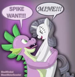 Size: 852x874 | Tagged: safe, artist:moominded, derpibooru import, rarity, spike, crossing the memes, discorded, evil grin, female, good end, greed spike, greedity, interspecies, male, meme, mine!, shipping, smiling, sparigreed, sparity, spike want, straight