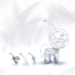 Size: 800x800 | Tagged: safe, artist:muffinsforever, derpibooru import, dinky hooves, pikmin, pony, unicorn, crossover, female, filly, grayscale, monochrome, muffin, red pikmin, spacesuit