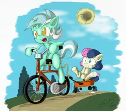 Size: 1000x876 | Tagged: dead source, safe, artist:zilof, derpibooru import, bon bon, lyra heartstrings, sweetie drops, pony, bicycle, duo, female, hat, wagon