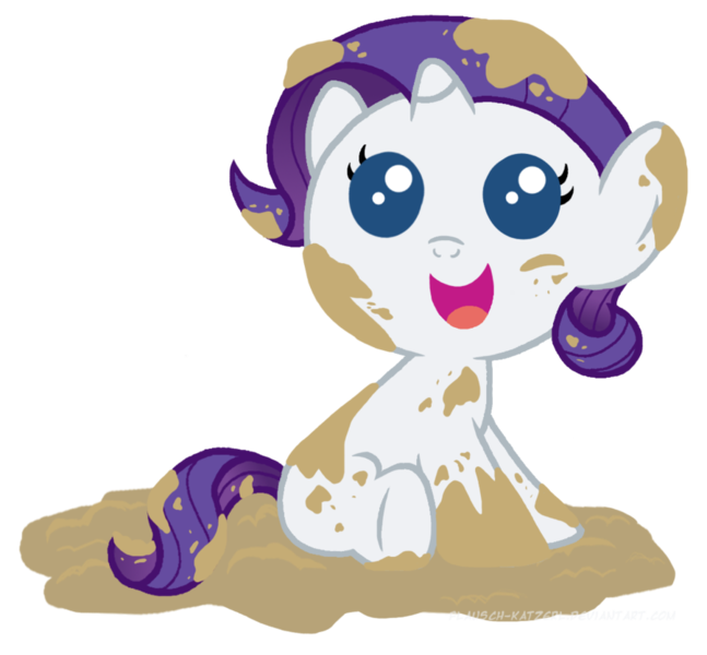 Size: 900x834 | Tagged: dead source, safe, artist:flausch-katzerl, derpibooru import, rarity, pony, baby, baby pony, cute, filly, foal, mud, rarity loves mud, solo, younger