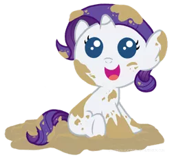 Size: 900x834 | Tagged: dead source, safe, artist:flausch-katzerl, derpibooru import, rarity, pony, baby, baby pony, cute, filly, foal, mud, rarity loves mud, solo, younger