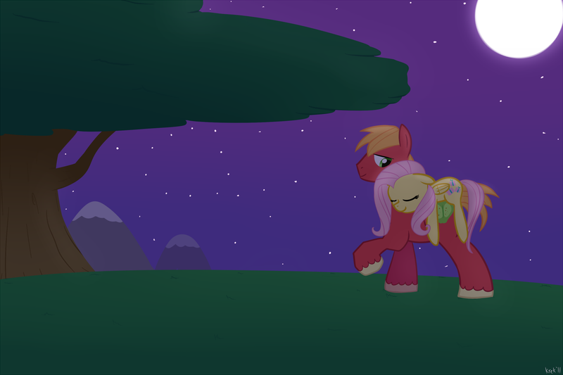 Size: 1500x1000 | Tagged: safe, artist:krekka01, derpibooru import, big macintosh, fluttershy, earth pony, pony, carrying, fluttermac, male, ponyback ride, shipping, sleeping, stallion, straight