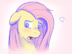 Size: 800x600 | Tagged: safe, artist:rosewhistle, derpibooru import, fluttershy, pony, blushing, bust, female, floppy ears, heart, looking away, looking down, mare, open mouth, portrait, shy, simple background, solo, three quarter view, white background