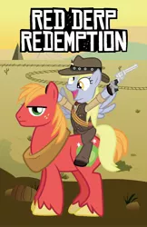 Size: 1648x2547 | Tagged: safe, artist:smashinator, derpibooru import, big macintosh, derpy hooves, earth pony, pony, colt single action army, crossover, cute, derpabetes, gun, male, parody, ponies riding ponies, red dead redemption, revolver, riding, stallion, unamused, weapon, western