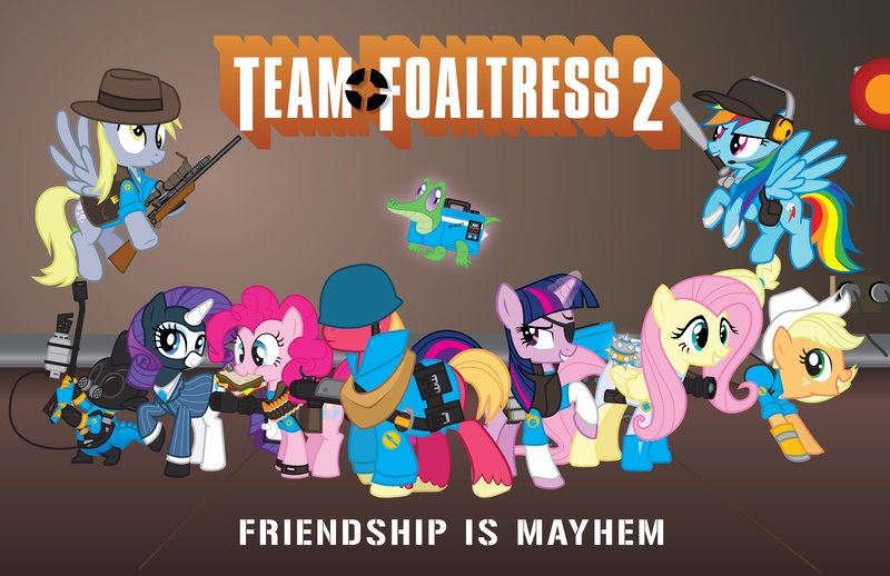 Size: 5012x3243 | Tagged: safe, artist:smashinator, derpibooru import, applejack, big macintosh, derpy hooves, fluttershy, gummy, pinkie pie, rainbow dash, rarity, spike, twilight sparkle, earth pony, pony, crossover, male, parody, stallion, team fortress 2