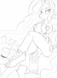 Size: 940x1280 | Tagged: anthro, artist:sweethd, barefoot, barefooting, barefoot sandals, bedroom eyes, breasts, busty princess celestia, derpibooru import, eyes closed, feet, female, foot fetish, foot worship, kissing, lesbian, monochrome, pasties, plantigrade anthro, princess celestia, rarilestia, rarity, rarity's fetish, shipping, smiling, suggestive