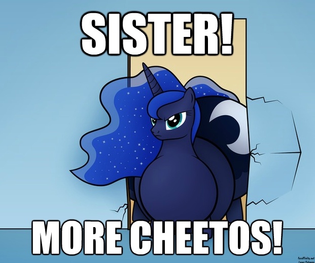 Size: 621x520 | Tagged: safe, artist:jesseorange, derpibooru import, edit, princess luna, alicorn, pony, angry, belly, caption, cheetos, fat, female, greatest internet moments, huge butt, image macro, impossibly large butt, large butt, mare, meme, missing accessory, moonbutt, morbidly obese, obese, plot, princess moonpig, solo, stuck, text, the ass is monstrously oversized for tight entrance, wall