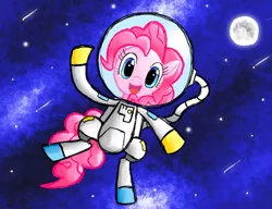Size: 1300x1000 | Tagged: artist:cyberfire22, astronaut, derpibooru import, looking at you, moon, newbie artist training grounds, open mouth, pinkie pie, safe, smiling, solo, space, waving