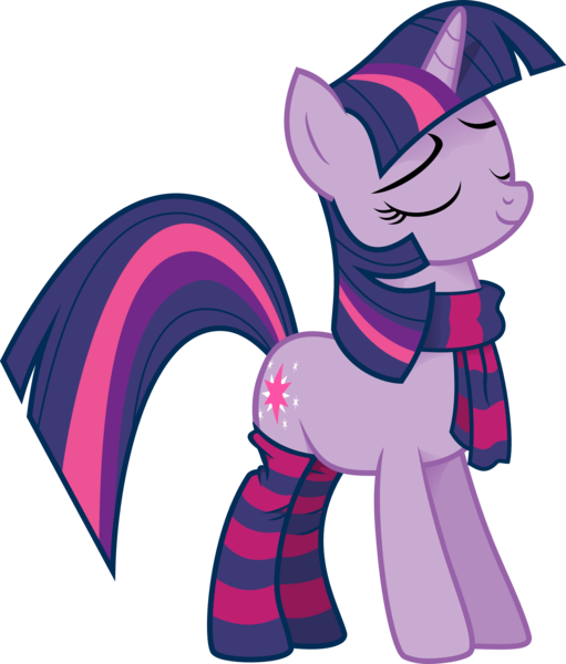 Size: 2746x3225 | Tagged: safe, artist:voaxmasterspydre, derpibooru import, twilight sparkle, pony, unicorn, clothes, eyes closed, female, high res, mare, scarf, simple background, smiling, smuglight sparkle, socks, solo, striped scarf, striped socks, transparent background, unicorn twilight, vector