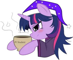 Size: 9650x8000 | Tagged: safe, artist:fiarel, artist:quasdar, derpibooru import, twilight sparkle, pony, absurd resolution, blushing, clothes, coffee, coffee mug, female, hat, mare, morning ponies, mug, nightcap, pajamas, simple background, smiling, solo, transparent background, vector