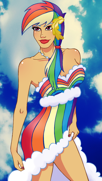 Size: 588x1042 | Tagged: artist:ellissummer, clothes, derpibooru import, dress, gala dress, humanized, rainbow dash, safe, solo