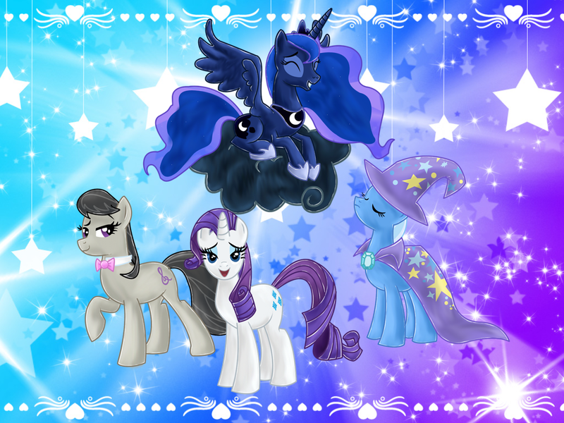 Size: 1024x768 | Tagged: artist:ellissummer, derpibooru import, octavia melody, princess luna, rarity, safe, trixie