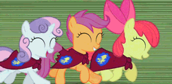 Size: 734x357 | Tagged: adorabloom, animated, apple bloom, cute, cutealoo, cutie mark crusaders, derpibooru import, diasweetes, eyes closed, gotta go fast, happy, open mouth, running, safe, scootaloo, screencap, smiling, speed lines, stare master, sweetie belle, talking