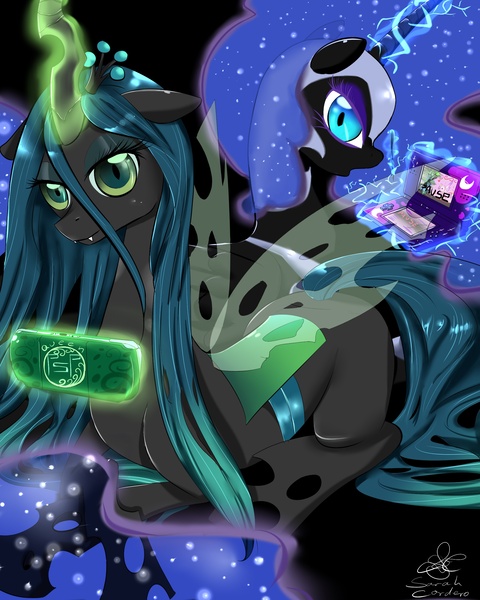 Size: 2000x2500 | Tagged: safe, artist:daughter-of-fantasy, derpibooru import, nightmare moon, queen chrysalis, alicorn, changeling, changeling queen, pony, female, floppy ears, glowing horn, high res, horn, image, jpeg, lidded eyes, looking at you, magic, mare, playstation portable, prone, psp, signature, slit eyes, telekinesis