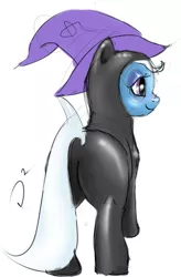 Size: 589x900 | Tagged: safe, artist:doppelgangsta, derpibooru import, trixie, pony, butt, female, latex, latex suit, mare, missing horn, plot, rear view, simple background, solo, white background