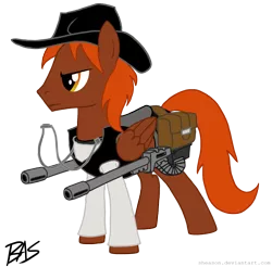 Size: 1486x1462 | Tagged: safe, artist:sheason, derpibooru import, oc, oc:calamity, unofficial characters only, pegasus, pony, fallout equestria, fanfic, battle saddle, fanfic art, gun, hat, male, rifle, saddle bag, simple background, solo, stallion, transparent background, weapon, wings