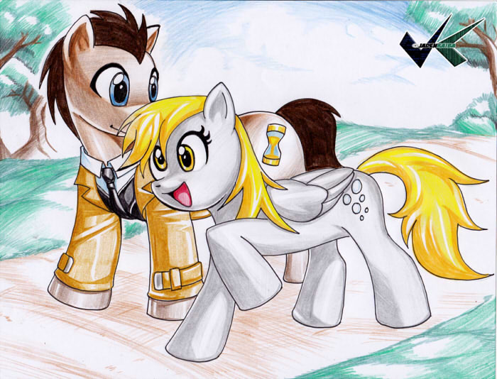 Size: 700x534 | Tagged: safe, artist:jadenkaiba, derpibooru import, derpy hooves, doctor whooves, time turner, pegasus, pony, doctorderpy, female, male, mare, shipping, straight, traditional art