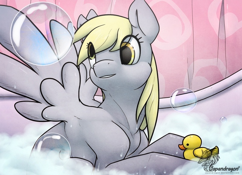 Size: 900x653 | Tagged: safe, artist:japandragon, derpibooru import, derpy hooves, pegasus, pony, bath, female, mare, rubber duck, solo