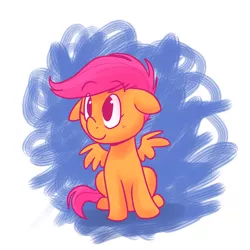 Size: 800x800 | Tagged: dead source, safe, artist:prettyproglottids, derpibooru import, scootaloo, pegasus, pony, abstract background, female, filly, sitting, solo, spread wings, wings