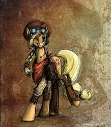 Size: 603x691 | Tagged: safe, artist:nastylady, derpibooru import, applejack, earth pony, pony, abstract background, bandana, clothes, female, goggles, mare, one eye closed, saddle bag, smiling, solo, steampunk