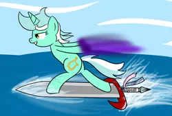 Size: 1925x1299 | Tagged: artist:alexstrazse, derpibooru import, lyra heartstrings, magic, safe, solo, surfing, sword, water