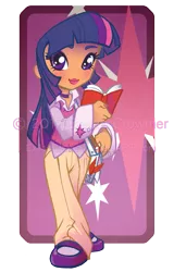 Size: 673x1052 | Tagged: artist:exiledchaos, book, choker, clothes, derpibooru import, humanized, mary janes, pants, safe, solo, sweater vest, twilight sparkle