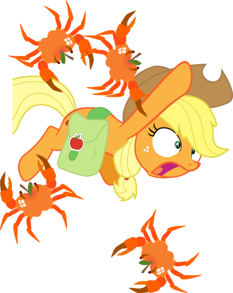 Size: 2680x3366 | Tagged: safe, artist:ze, derpibooru import, applejack, crab, earth pony, pony, bag, crab apple, high res, ouch, pinching, pun, saddle bag, solo