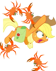 Size: 2680x3366 | Tagged: safe, artist:ze, derpibooru import, applejack, crab, earth pony, pony, bag, crab apple, high res, ouch, pinching, pun, saddle bag, solo